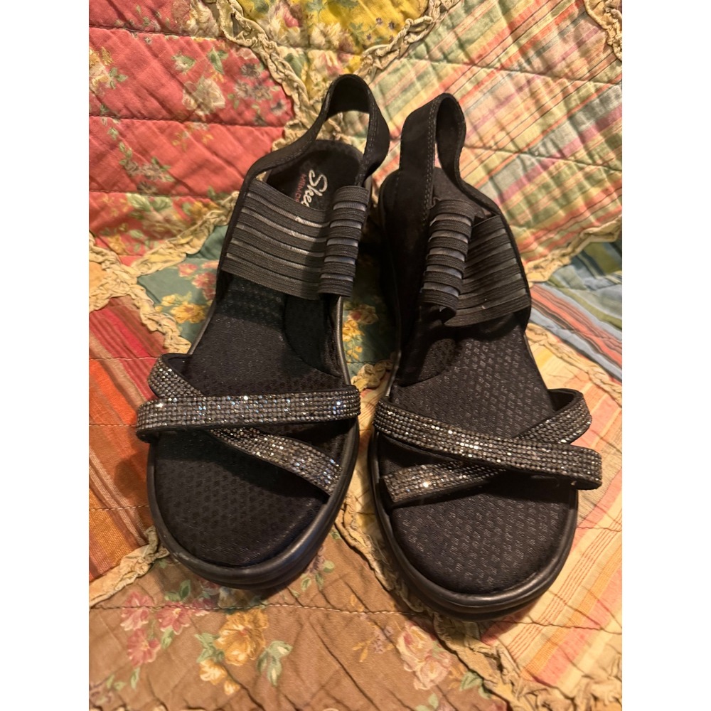 Skechers Rumblers Wild Child Black Rhinestone Wedge Sandals Womens 10